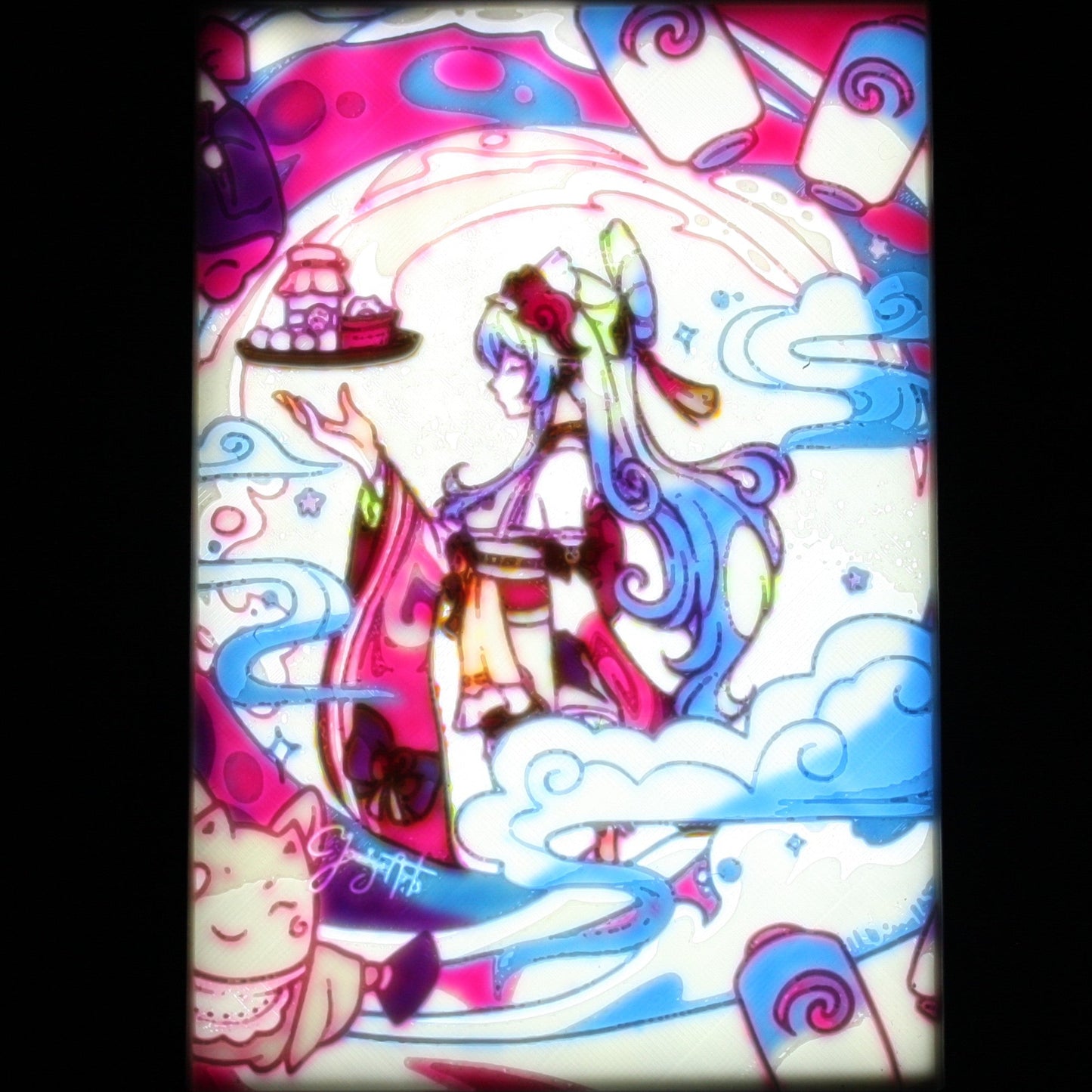 Yumemizuki mizuki in a cute blue and pink background.