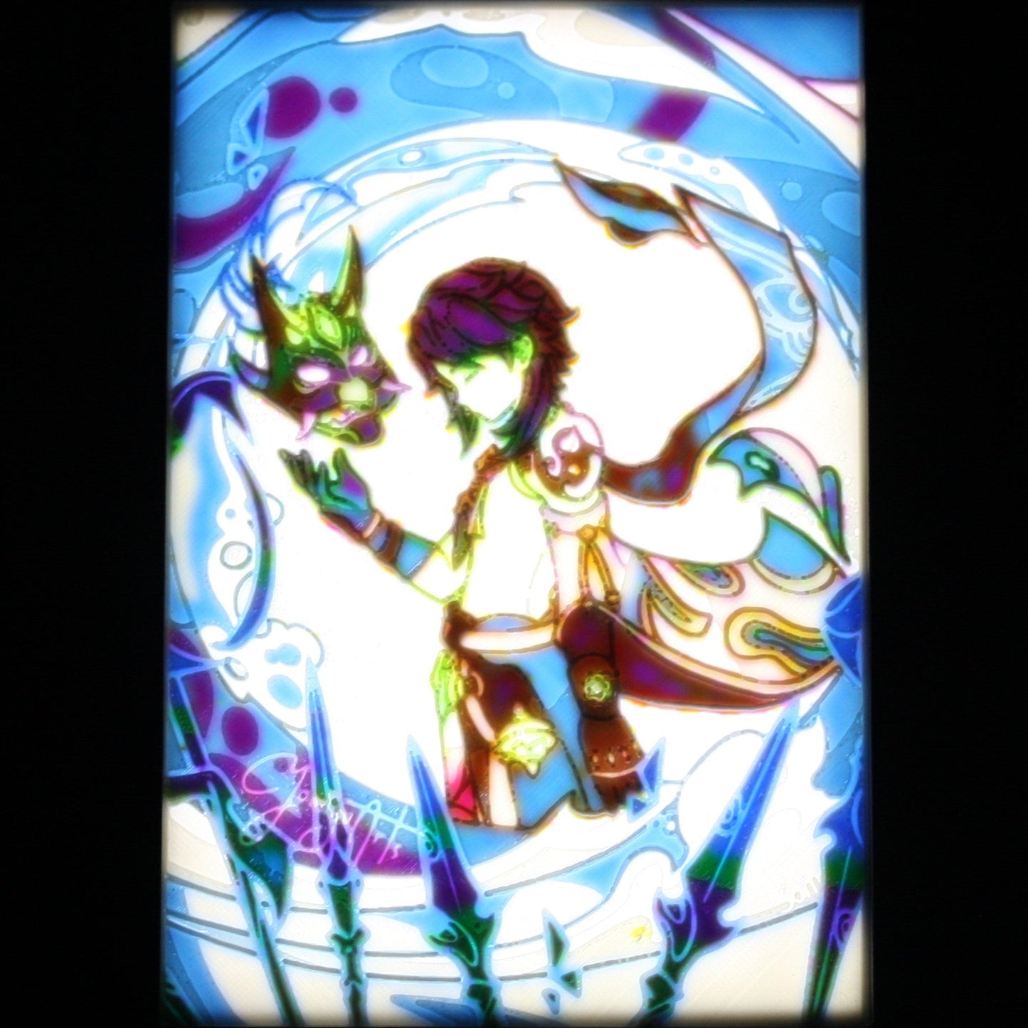 Xiao in a weapon and mask filled background.