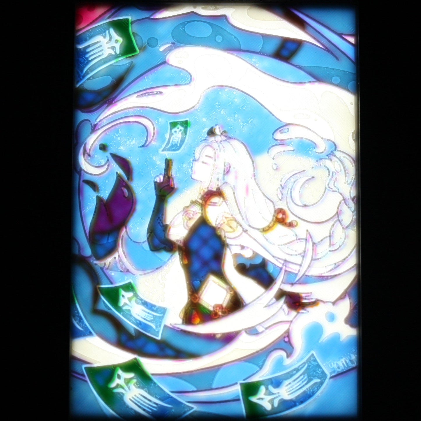 Shenhe in a blue talisman background.