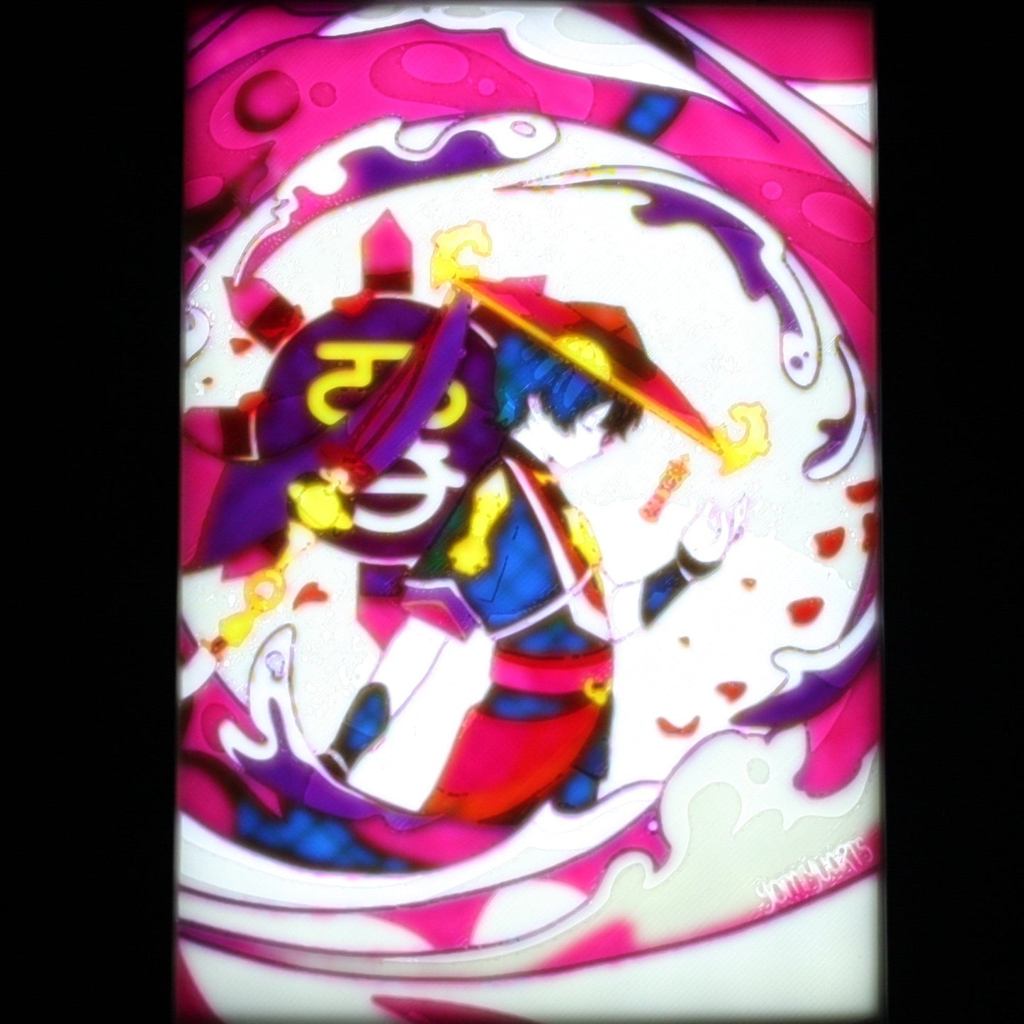Scaramouche in a red and pink background.