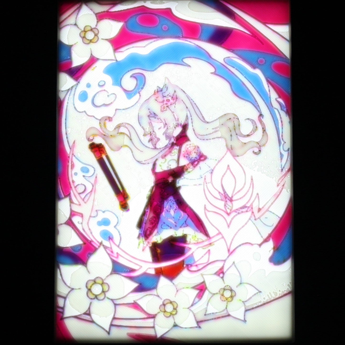 Keqing surrounded by floral background.