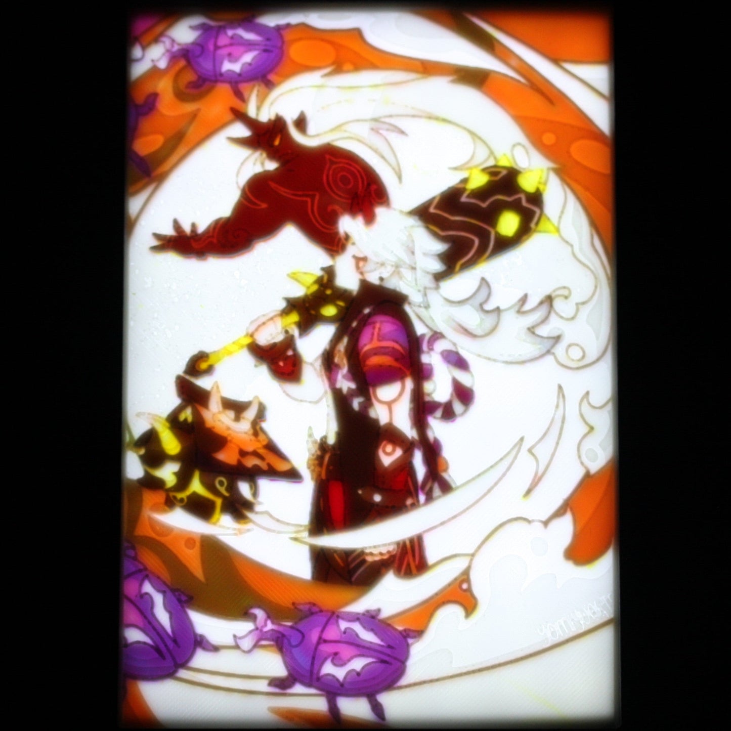 Itto holding his weapon in a ornage background.