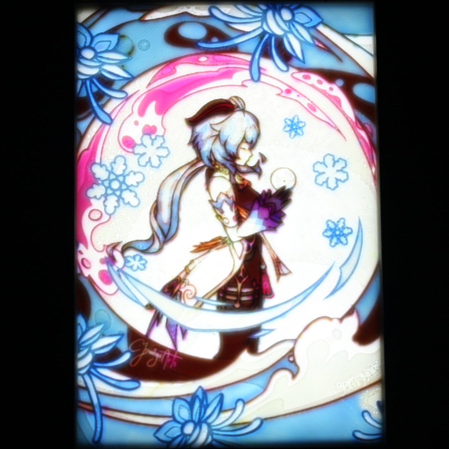 Ganyu with a florral blue background.