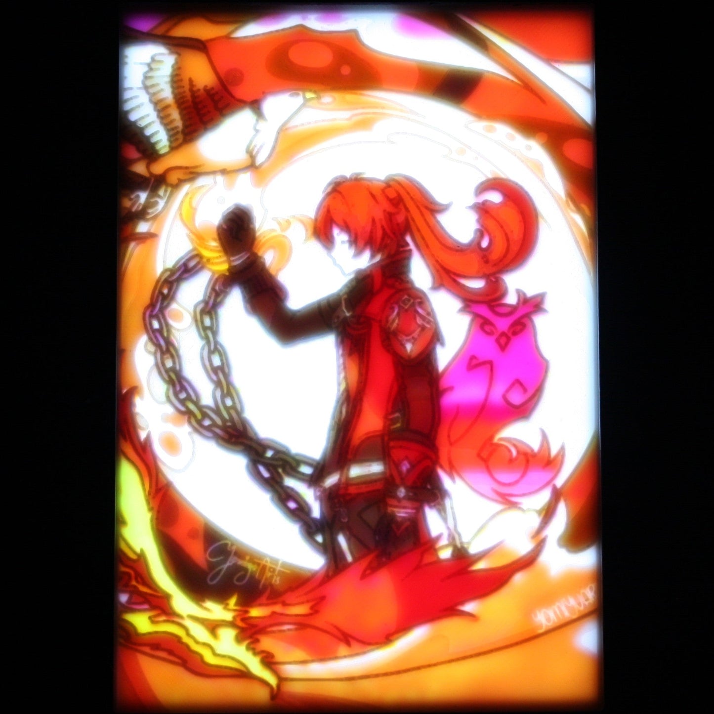Diluc in chains with bagle and fire background.