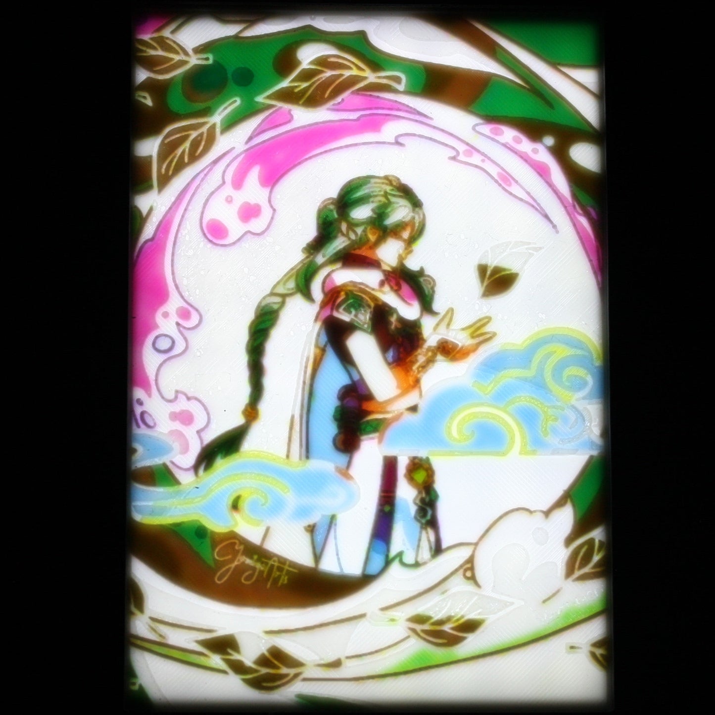 Colorful illustration of Baizhu with green hair and a white outfit on a decorative background.