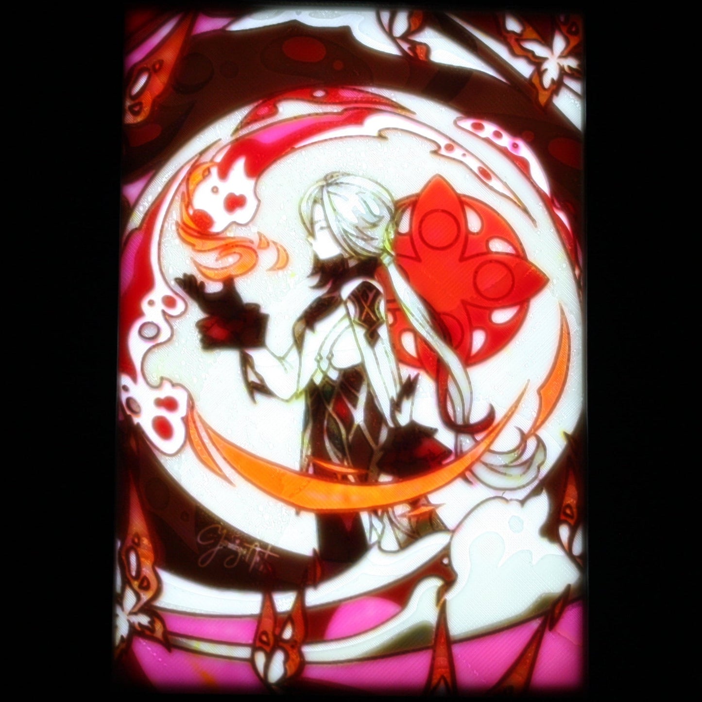 Stylized illustration of a character with a sword in a circular design with red and pink accents.
