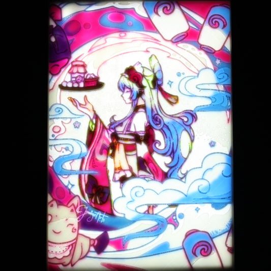 Yumemizuki mizuki in a cute blue and pink background. 
