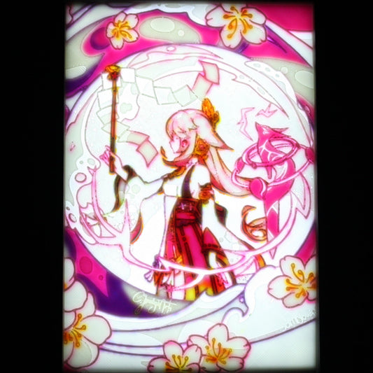 Yae Miko in a pink floral background. 