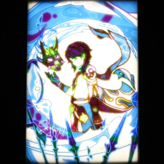 Xiao in a weapon and mask filled background. 