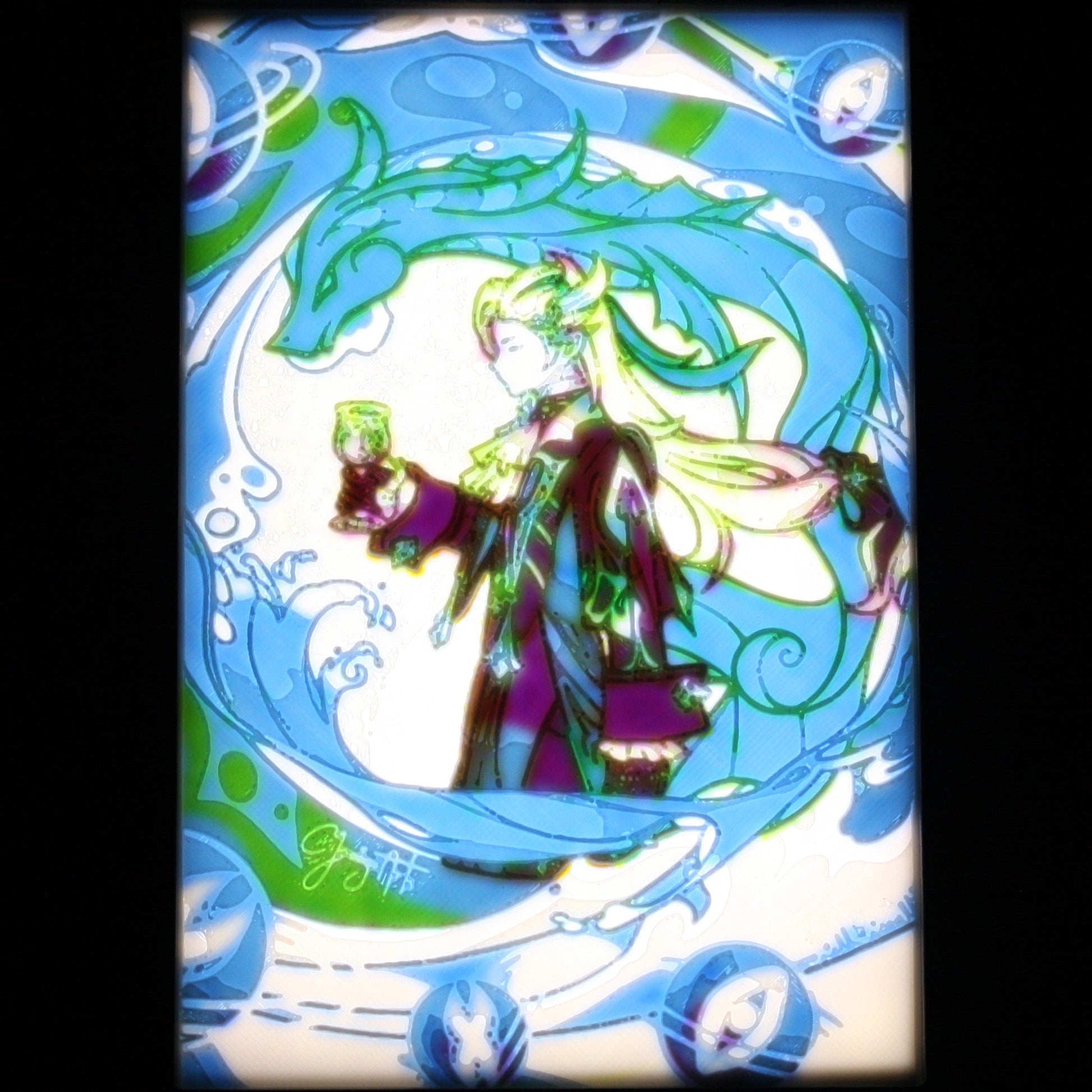 Neuvillette in a blue dragon background.