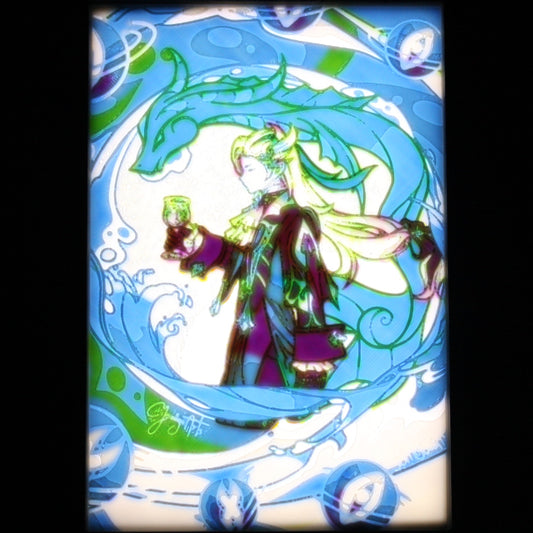 Neuvillette in a blue dragon background.