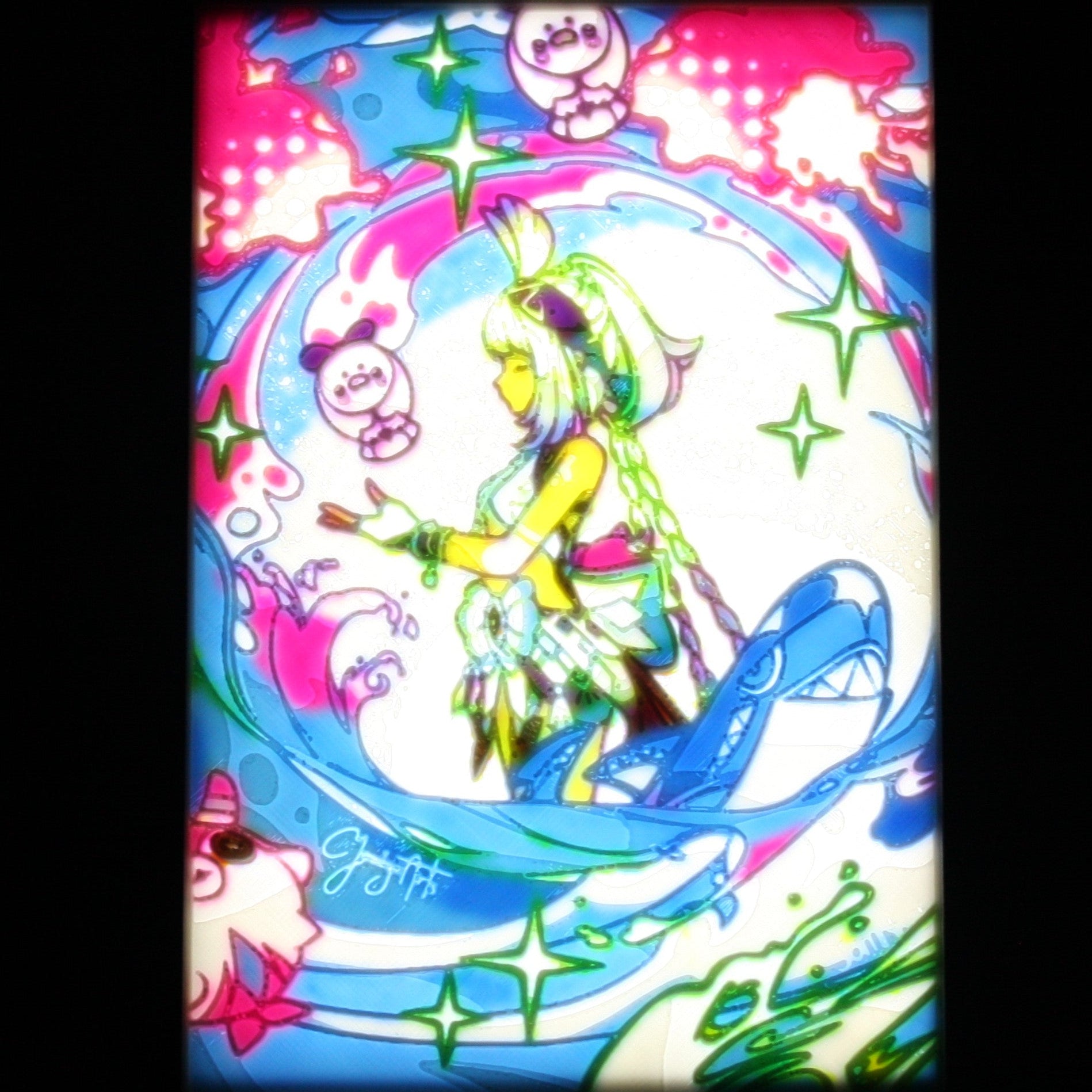 Mualani in a blue and pink background. 
