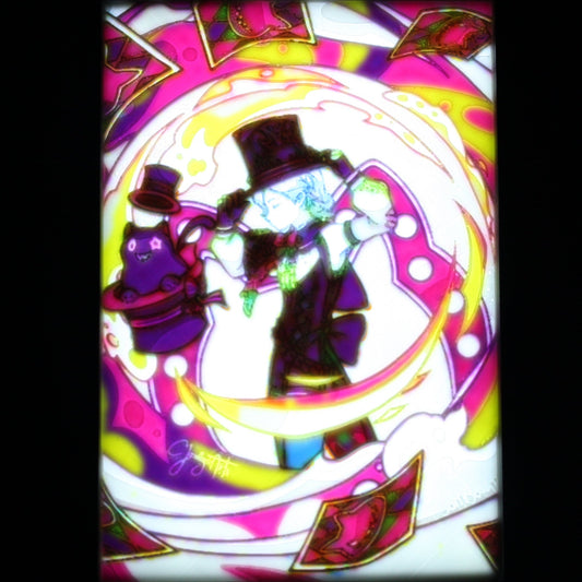 Lyney in a card filled red background. 