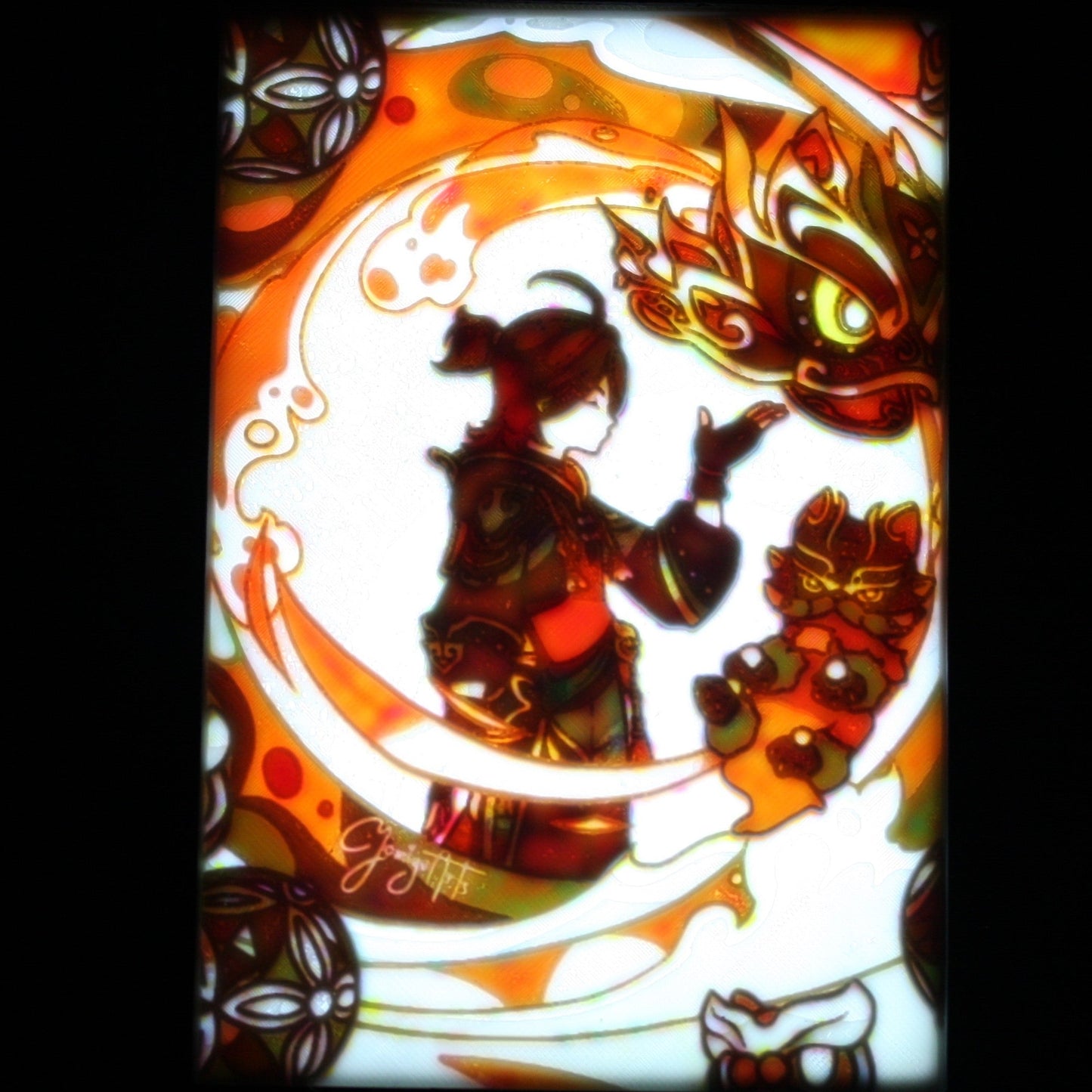 Gaming posed in a background with dragons.