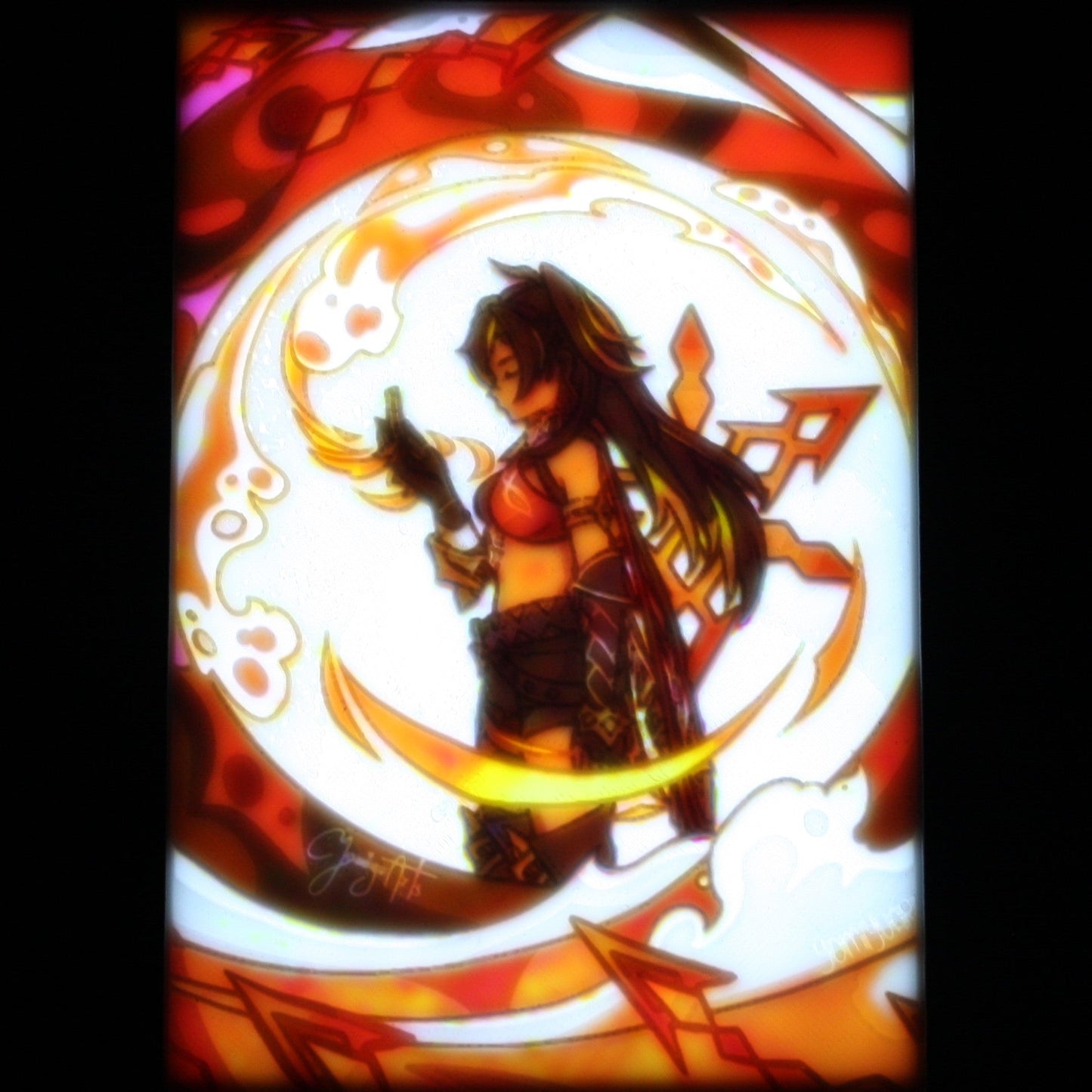 Dehya with a weapon on a fiery background.