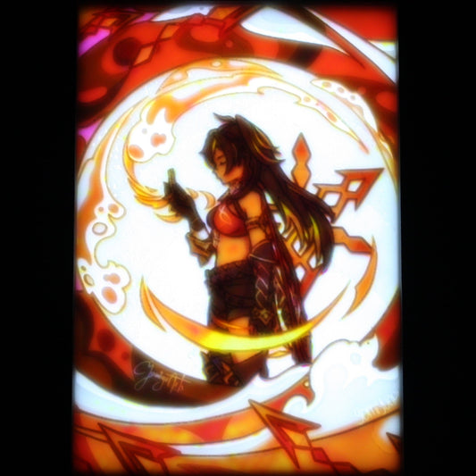 Dehya with a weapon on a fiery background.