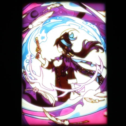 Clorinde holding her piltol over a purple background