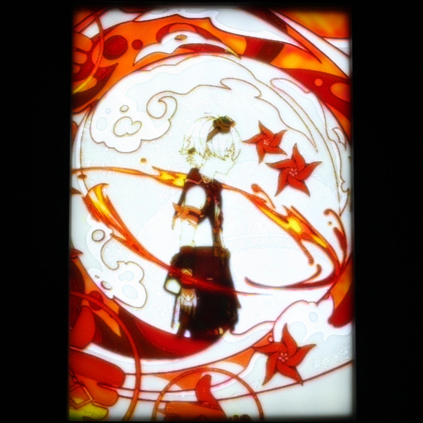 Decorative glass panel with abstract design featuring Bennett with floral stars.