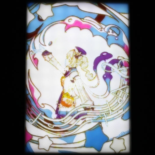 Barbra posed with a musical border and colourful blue accents.