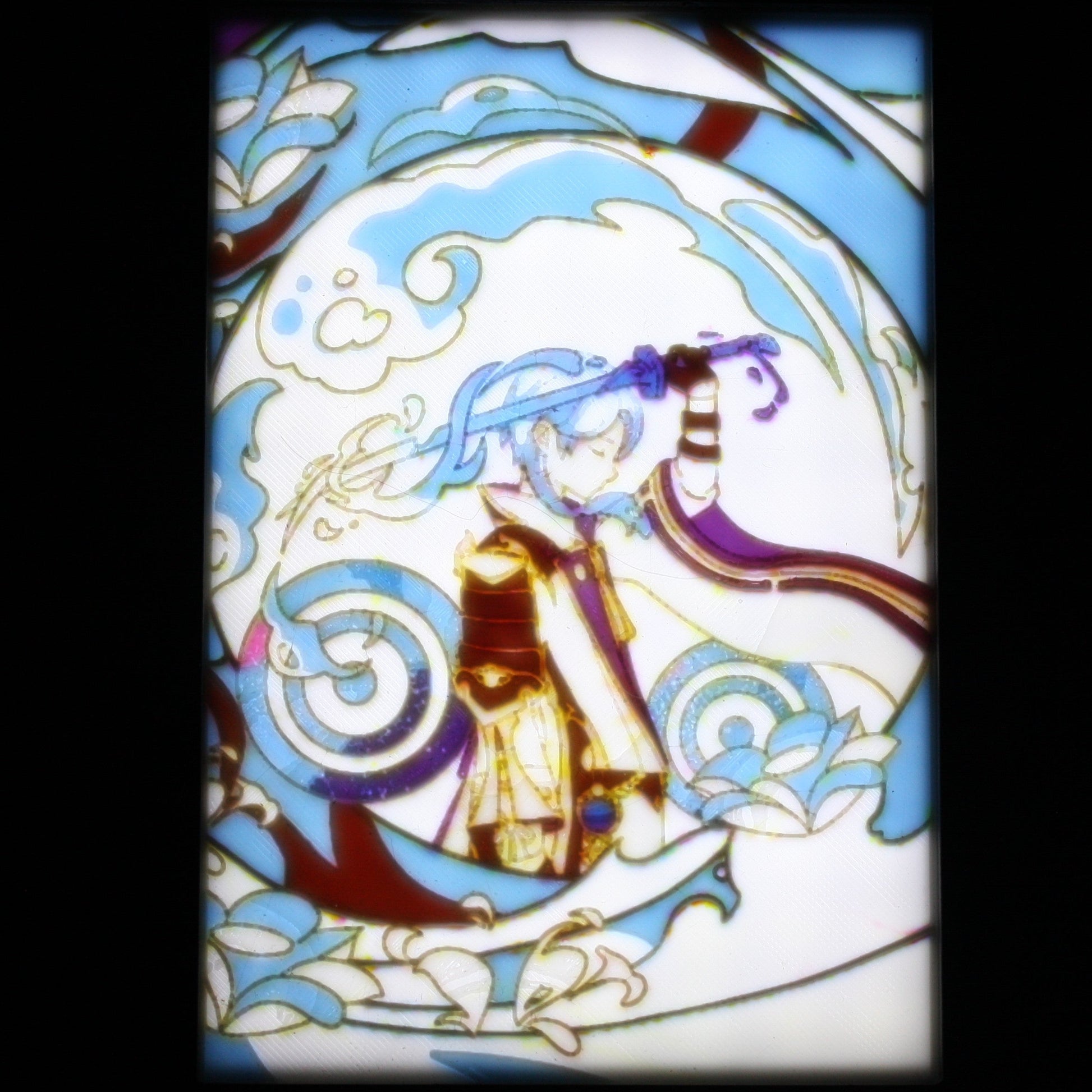 Stylized illustration of Ayato with blue hair and traditional attire, surrounded by decorative elements.