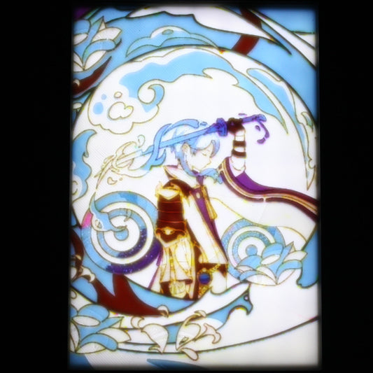 Stylized illustration of Ayato with blue hair and traditional attire, surrounded by decorative elements.