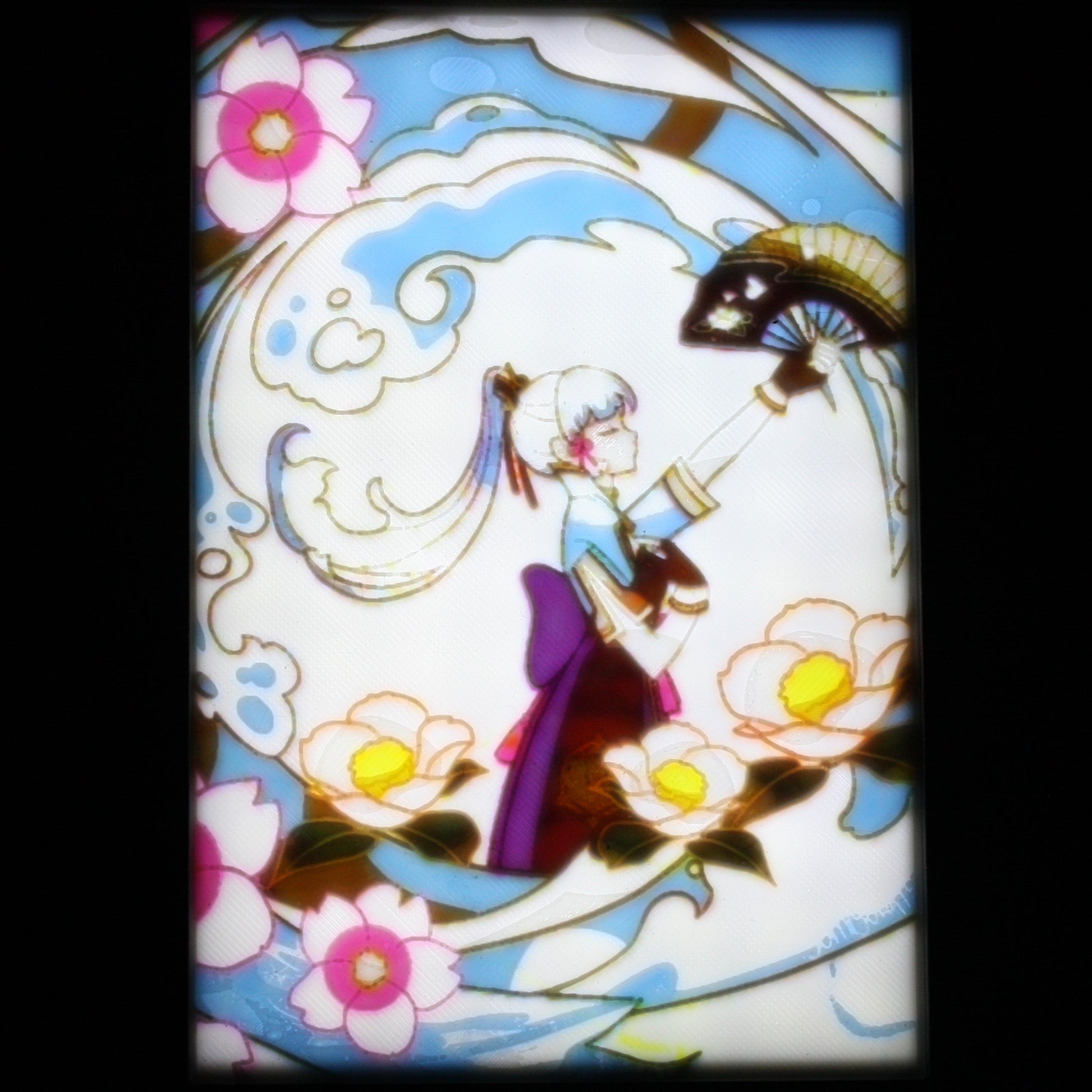 Decorative panel with traditional Chinese design featuring Ayaka, flowers, and clouds.