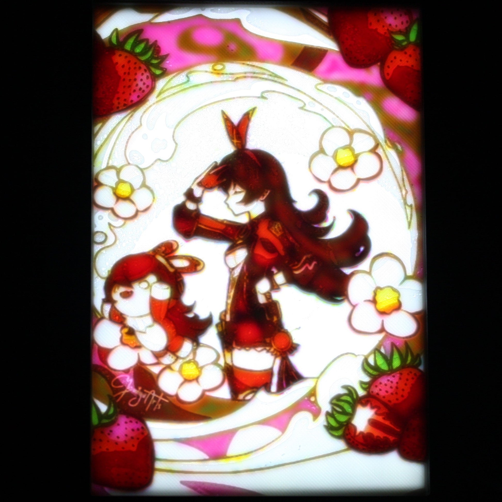 Illustration of two characters with red hair and strawberries on a decorative background