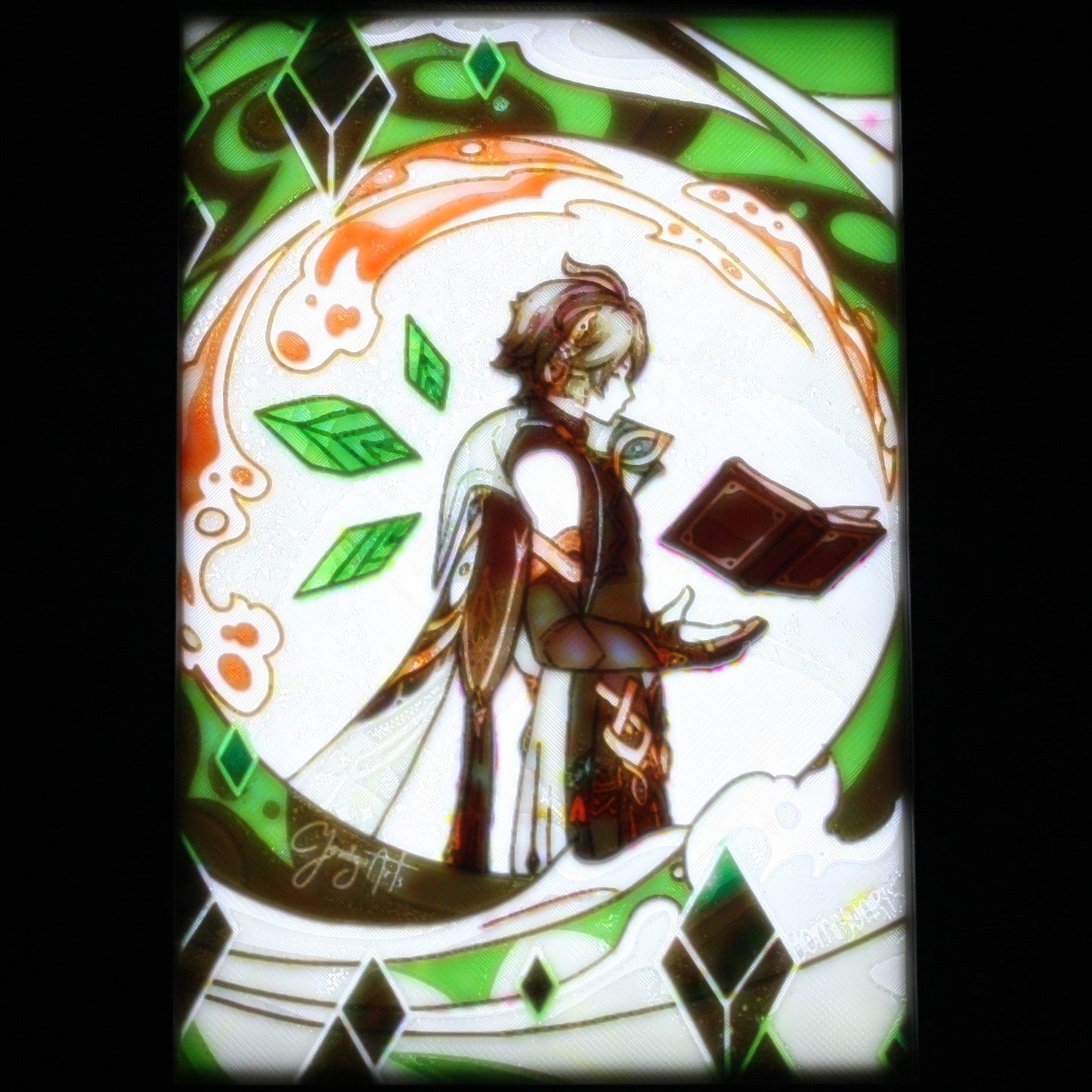Stylised illustration of Alhaitham holding a book within a decorative frame.